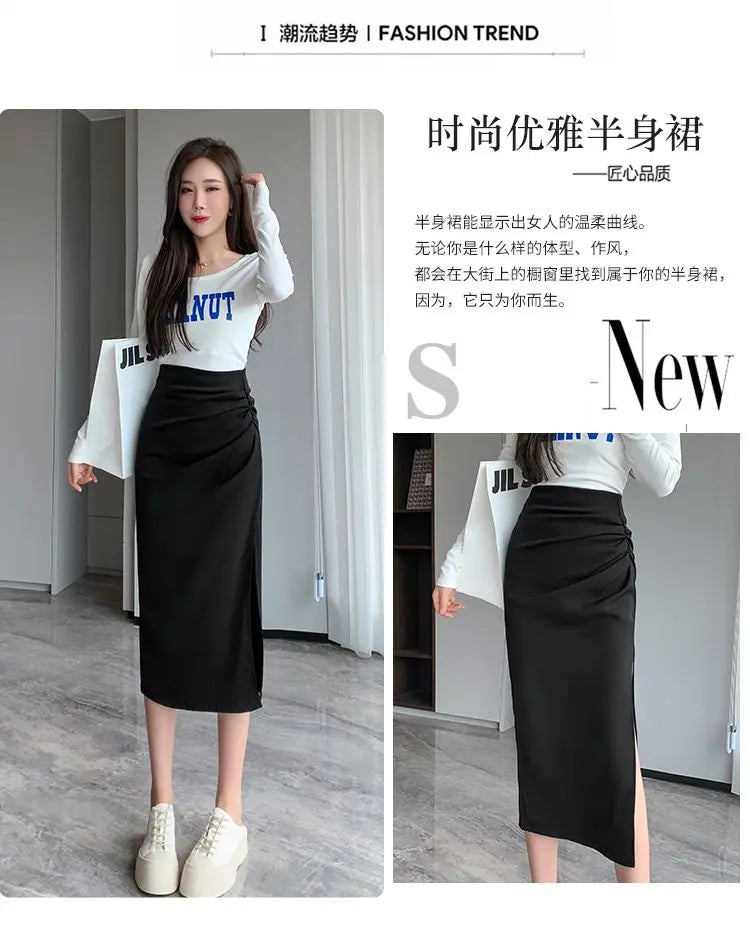 Slit Pleated Skirt for Women 2025 Summer New High-waist Slim Mid-length Versatile A-line Skirt