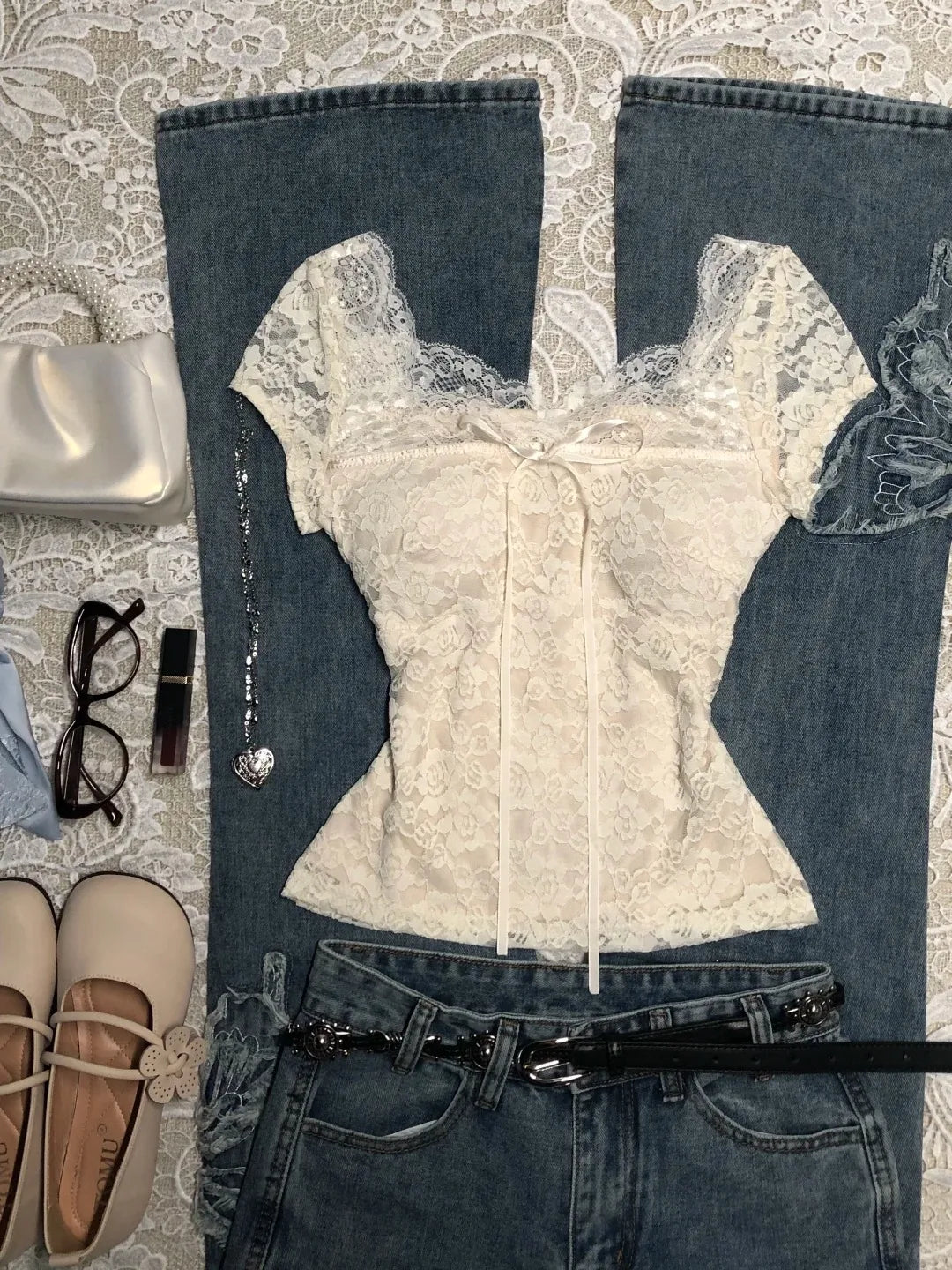 Lace Slim T-shirt Women Vintage Sweet Crop Top Fairy Harajuku Korea Y2k 2000s Hot Girl Short Sleeve Elegant Bow Sexy Summer Tees