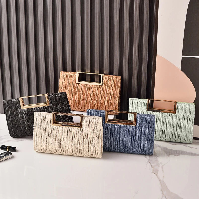 European Style Straw Evening Bag 2025 New Square Buckle Clutch Simple Dinner Bag for Women Shoulder Crossbody Bags
