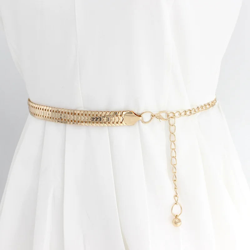 Ladies' Gold Waist Chain Fashion Metal Hook Adjustable Belt for Dress 2 Model Gold Waist Chain Belt