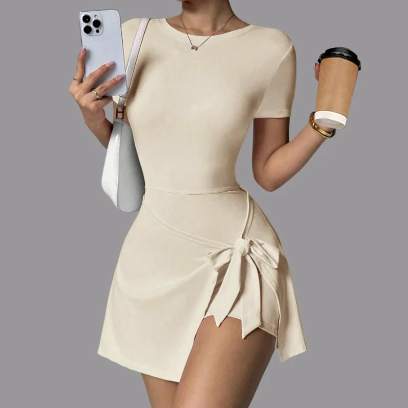 Women Yoga Bodysuit Short Dress Slimming Open Back Two Piece Look Anti See Through Athletic Tennis Skirt for Outdoor Workout