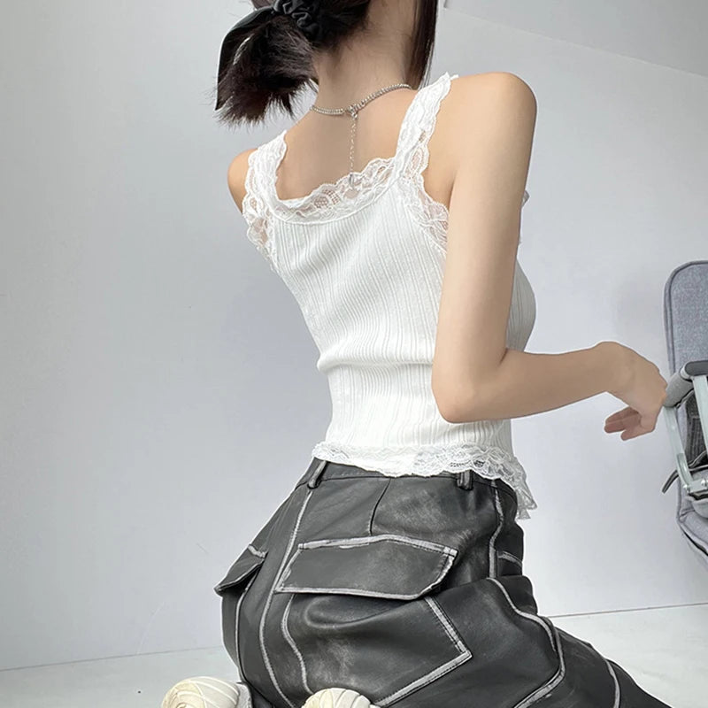 Sexy All-match Simple Lace Stitching Chic Tank Tops For Women Girls Fashion Sweet Casual Slim Fit Short Sleeveless Tank Tops