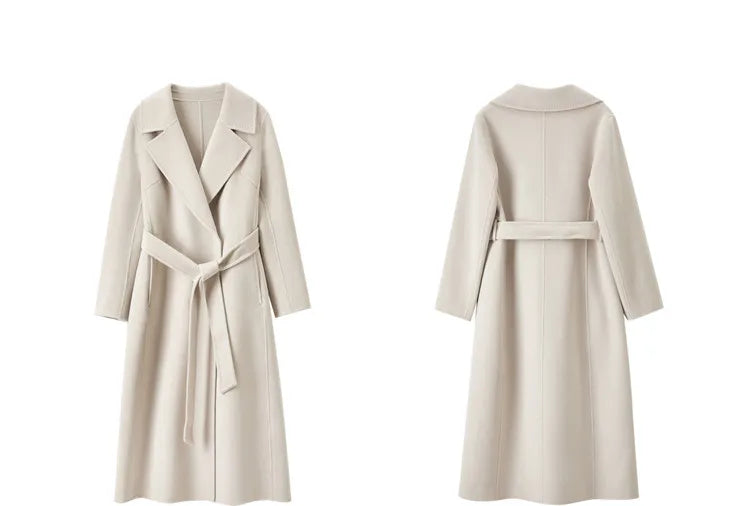 SENTUBILA Women 100% Wool Long Wrap Coat 2025 Elegant Notched Collar Belted Warm Double Faced Woolen Winter Overcoat W24O43352