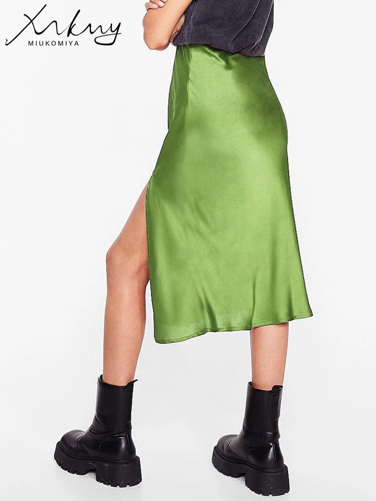 Green Satin Midi Skirts For Women Summer Elastic High Waist A Line Slit Skirt Midi Satin Silk Women Skirt With Slit Summer 2024