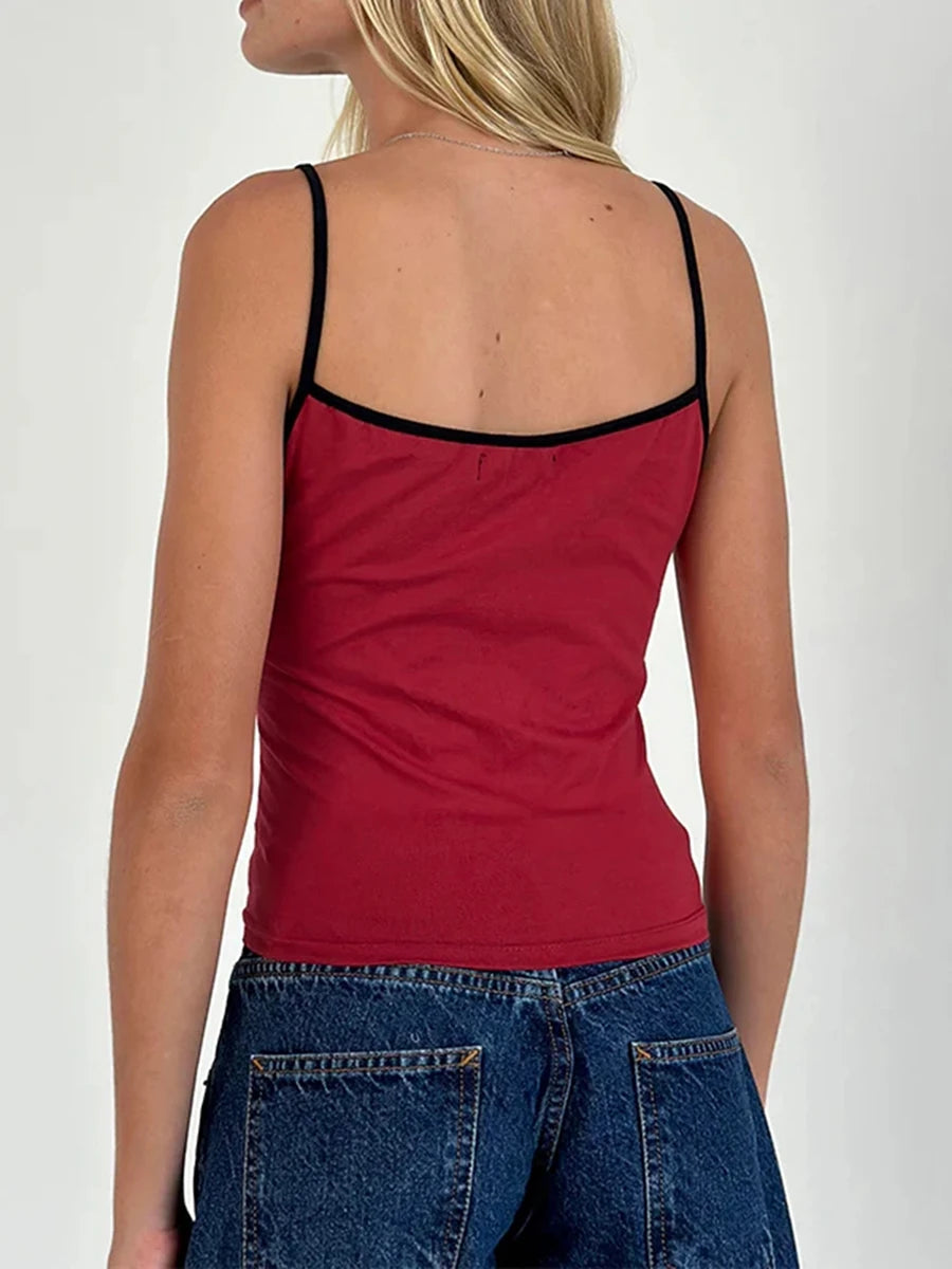 Women Spaghetti Strap Tank Top Scoop Neck Contrast Trim Crop Cami Top Y2K Aesthetic Sleeveless Fitted Basic Tops Streetwear