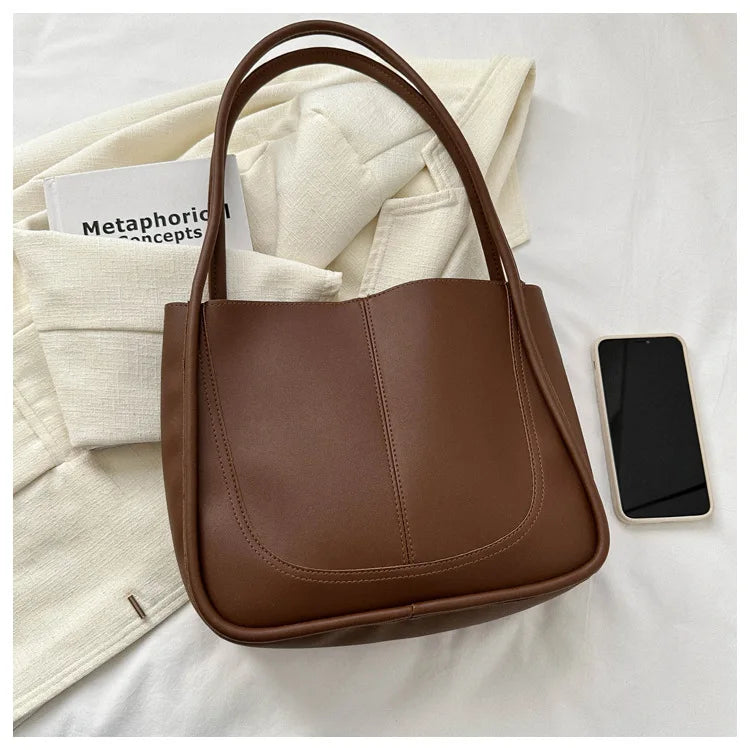 Women's Retro Tote - High-Quality Solid Color, Minimalist Large-Capacity Commuter Handheld/Single-Shoulder