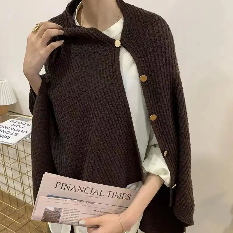 Warm Knitted Plain Color Scarf Thick Single Breasted Wool Shawl Wrap Women Cape Open Side Woven Cardigan Poncho Stole