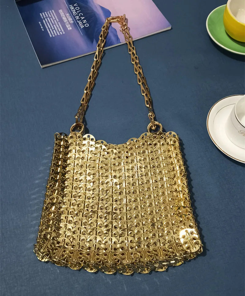Women's Bag 2025 Trend luxury Designer Handbag Metal Chain Tote Bag Hollow Evening Bag Clutch Female Travel Holiday Shoulder Bag