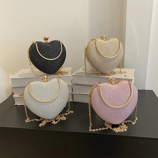 Evening Clutch Bag Women Bag Shiny Handbag Heart Shape Metal Clutches Bag Fashion Chain Shoulder Crossbody Bag Luxury Lady Purse