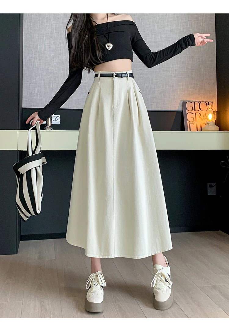 Seoulish Denim Skirts for Women 2024 Spring Summer New High Waist A-line Large Hem Office Lady Umbrella Skirt Pleated Long Skirt