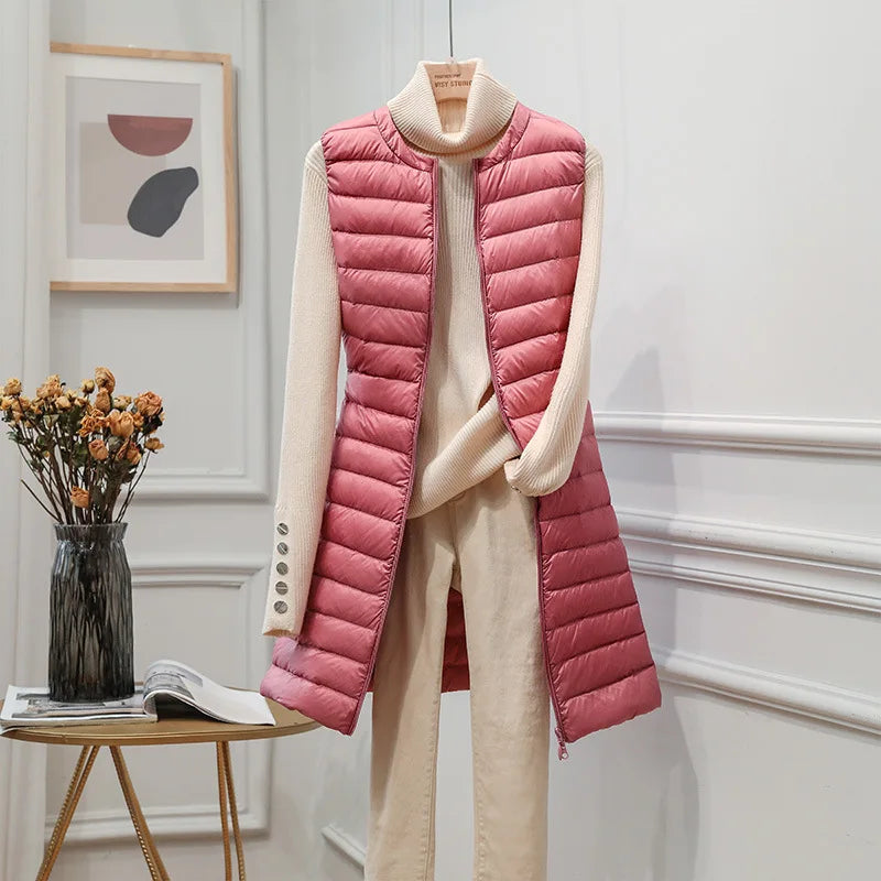 Autumn and Winter New Light Thin down Vest Women round Neck Mid-Length Waistcoat down Liner Vest Vest Outerwear