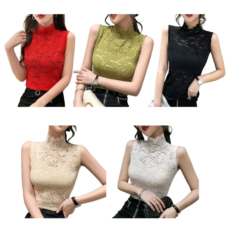 Women Lace Tunic for Tank Bottoming Tops Sleeveless High Turtleneck Fitted for Tank Top Sleeveless Mock Dropship