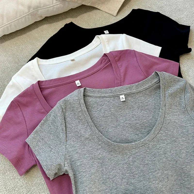 Femme 2025 Summer Casual Cotton T Shirt For Women Short Sleeve Tshirts Fashion Womens Clothing Slim Basic O Neck Y2K Tee Shirt