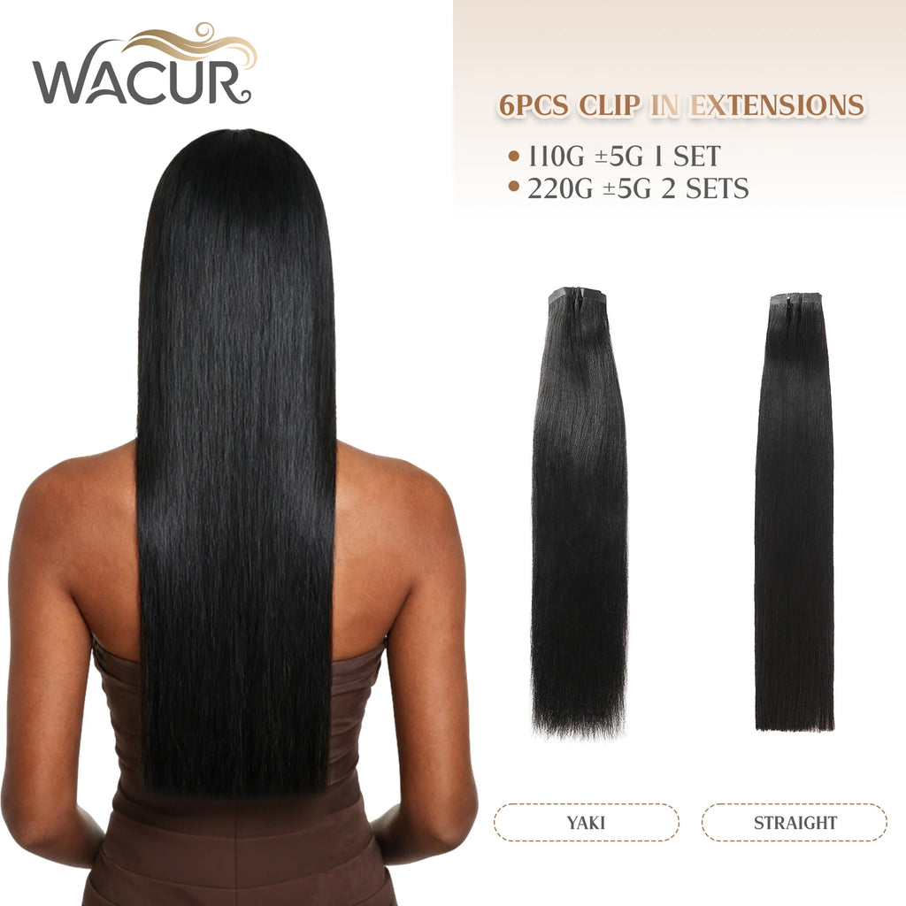 WACUR Yaki And Straight Real Person Clip on Hair 100% Natural Virgin Hair, 110g/6pcs, Invisible Seamless Weft Braided Hair