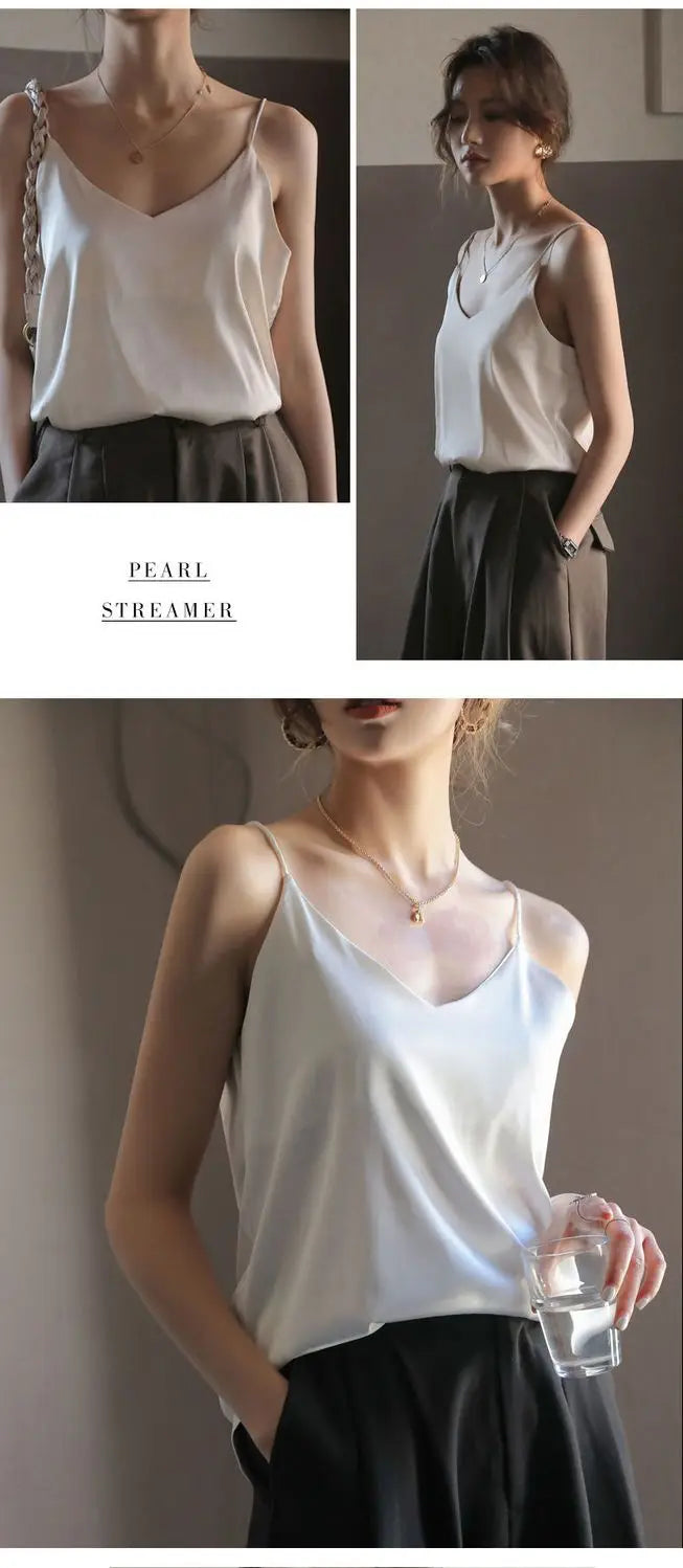 Spaghetti Strap Top Women Halter V Neck Basic White Cami Sleeveless Satin Silk 2025 Tank Tops Women'S Summer Camisole