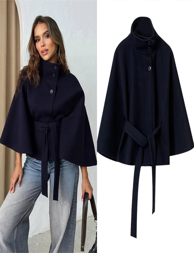 Elegant Lace Up Loose Fit Cape Coat Women's Autumn Winter Oversized High Neck Belted Wrap Jacket Fashion Warm Outerwear Outfit