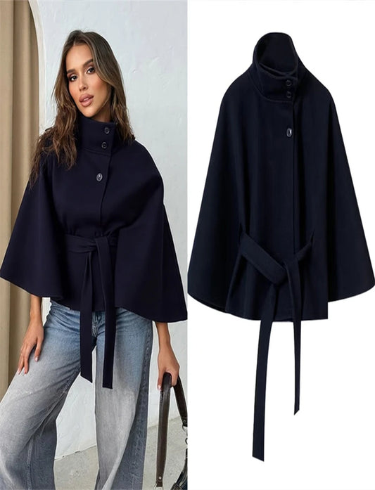 Elegant Lace Up Loose Fit Cape Coat Women's Autumn Winter Oversized High Neck Belted Wrap Jacket Fashion Warm Outerwear Outfit