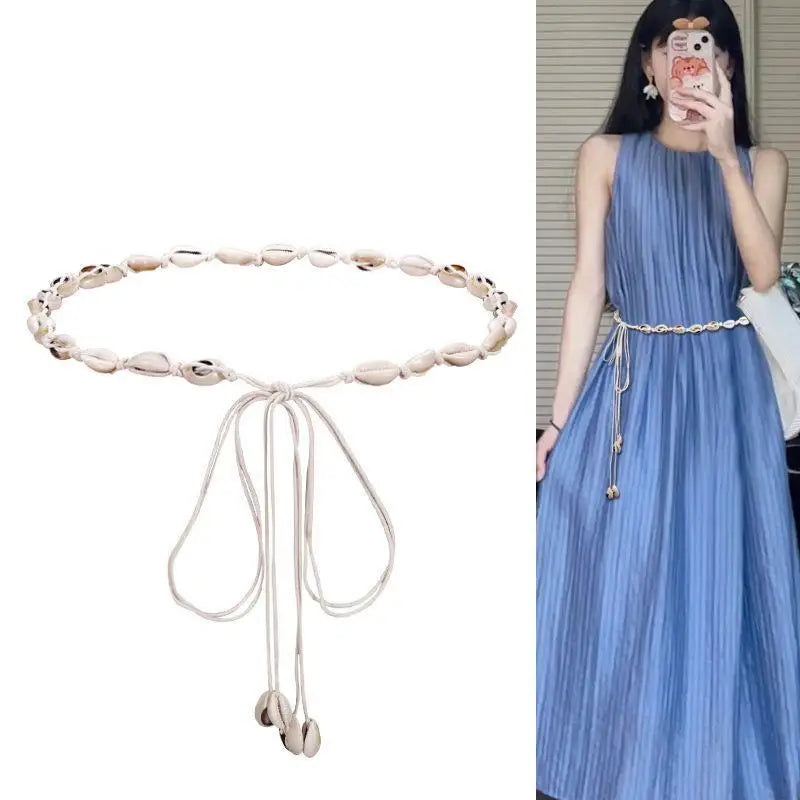 Belts For Women Knot Waistband Summer Boho Shell Bead Dress Jeans Belt Female Beach Accessory Beige Wax Cord