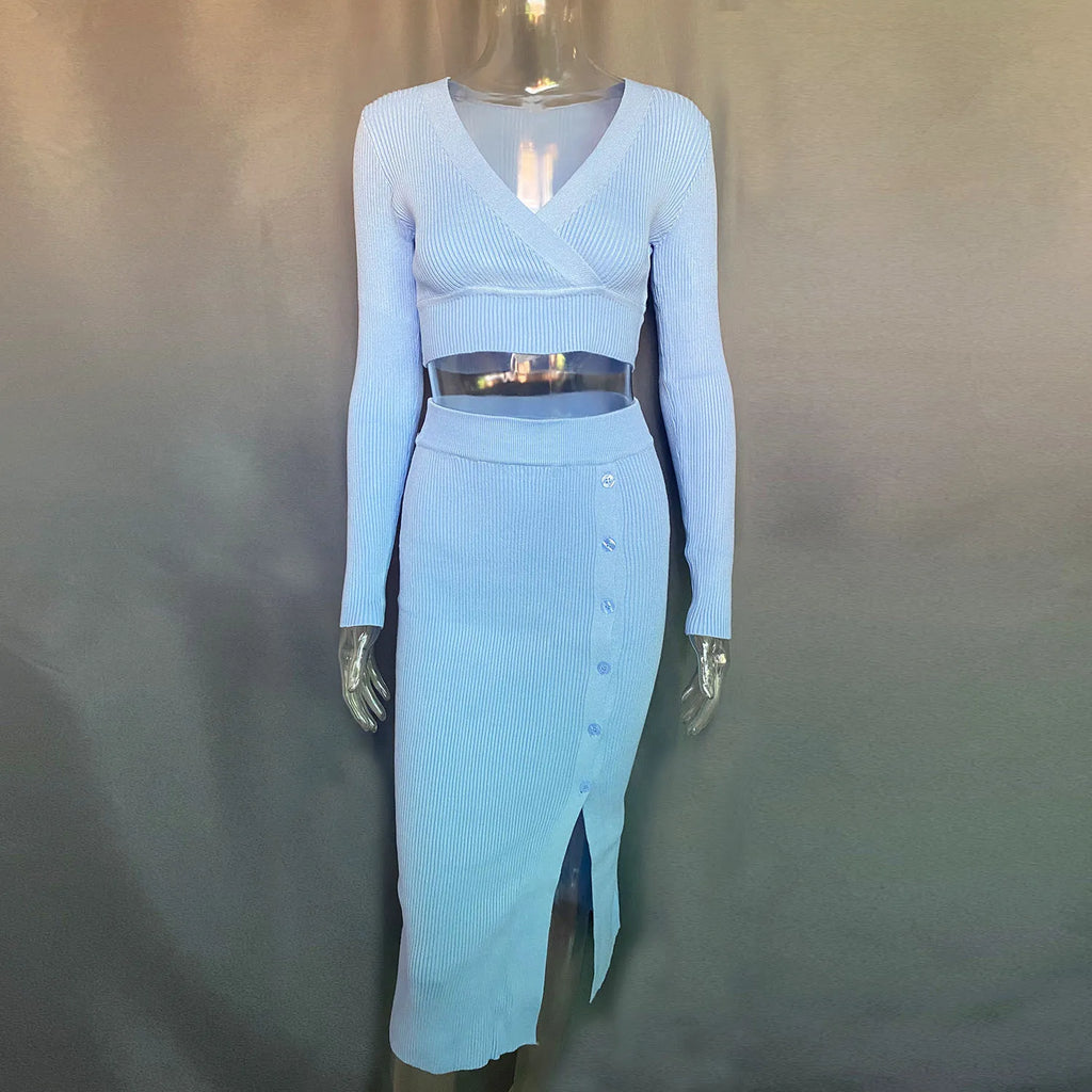 Talenza Knitted Slim Fit Slit Skirt Set 2 Piece Women's Solid Color Pullover Top Long Skirt Set Long Sleeve Women's Suit Skirt