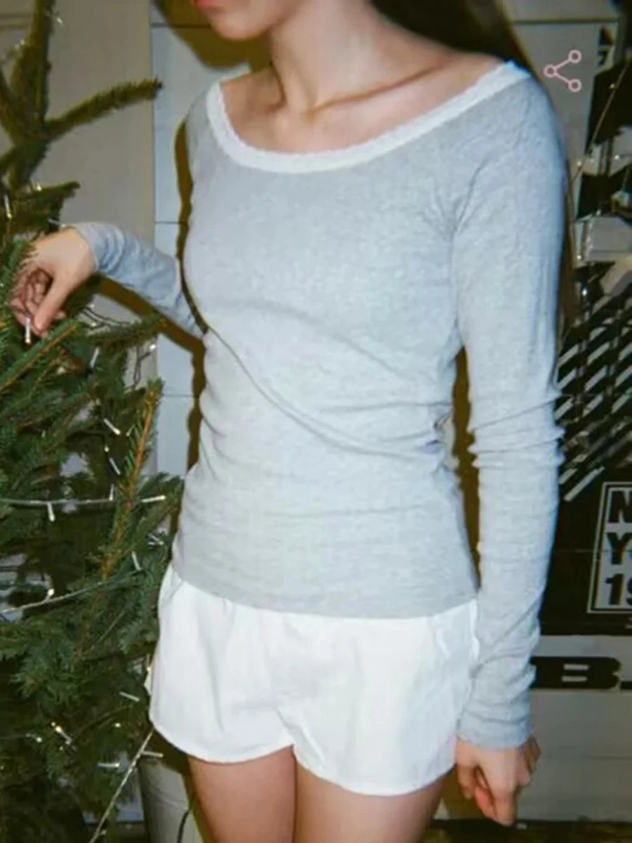 Sweet Lace Patchwork Cotton Long Sleeve Tees Women Casual Scoop Neck Slim Gray Tops Female Streetwear Vintage Y2K Chic T-shirts