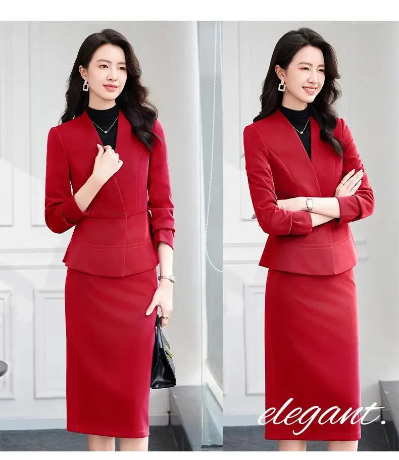 2025 New All Season Skirt Suits Women New Fashion Temperament V Neck Professional Blazer And High Waist Skirt Two Piece Set