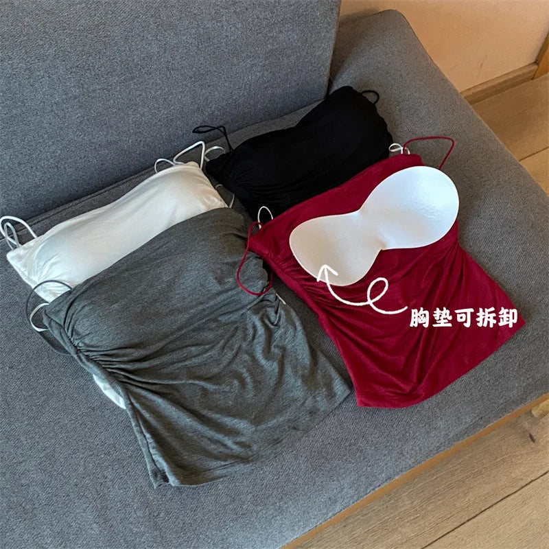 Women Tank Tops Spaghetti Strap Camisole Solid Color Push Up Padded Tank Top with Cups Girls Sports Vest Tops Summer Camis