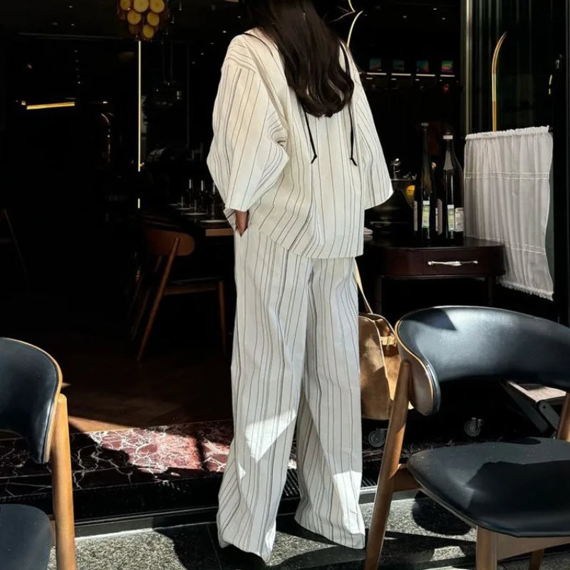 Elegant Women 2 Piece Pajama Set Striped Long Sleeve Button Down Shirt and Straight Leg Pants Loungewear