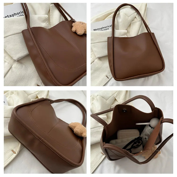 Women's Retro Tote - High-Quality Solid Color, Minimalist Large-Capacity Commuter Handheld/Single-Shoulder