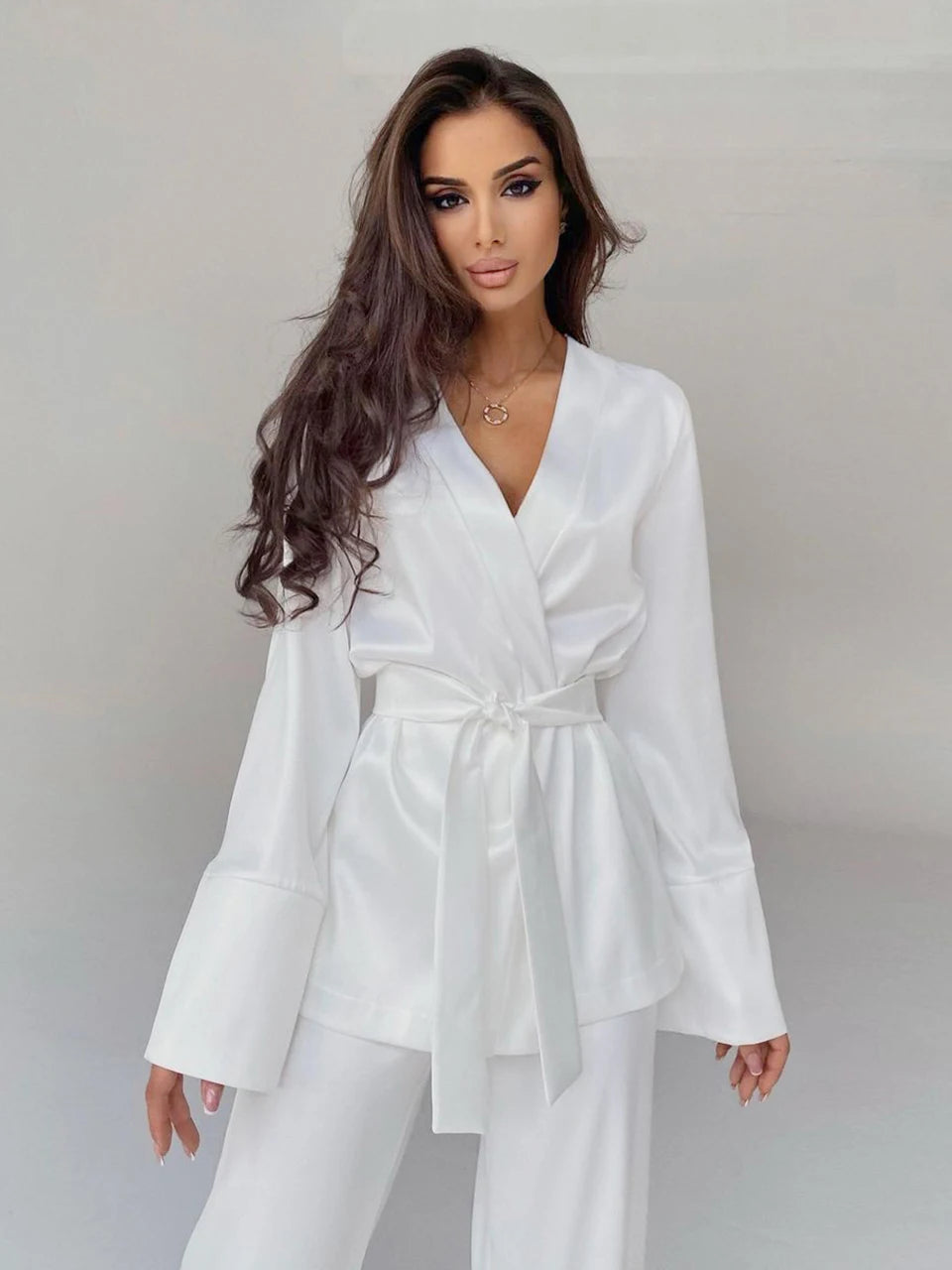 2023 Solid Color Pajamas For Women Robe Sets Full Sleeves Women's Home Clothes Trouser Suits Satin Nightgowns Spring Loungewear