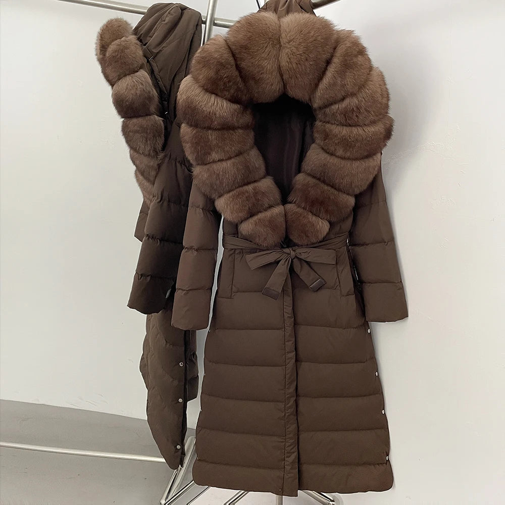 OFTBUY Large Real Fox Fur Collar X-Long Puffer Jacket Women Hooded Winter White Duck Down Coat Thick Female Parkas With Belt
