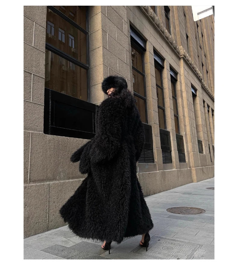 Lautaro Winter Extra Long Soft Thick Warm Fluffy Black Fuzzy Shaggy Hairy Faux Fur Coat Women Sashes Luxury Furry Overcoat 2023