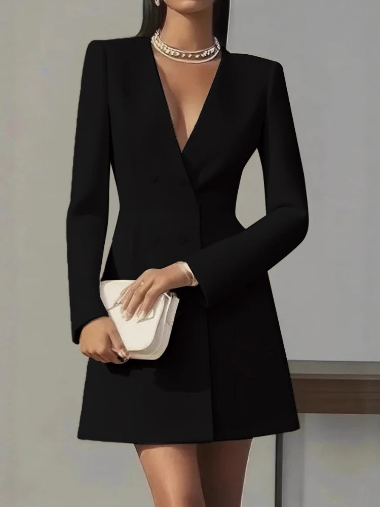 Fashion Commuter Dress for Women Autumn New Elegant Office Lady Solid Color Deep V-neck Double Breasted Long Sleeved Mini Dress