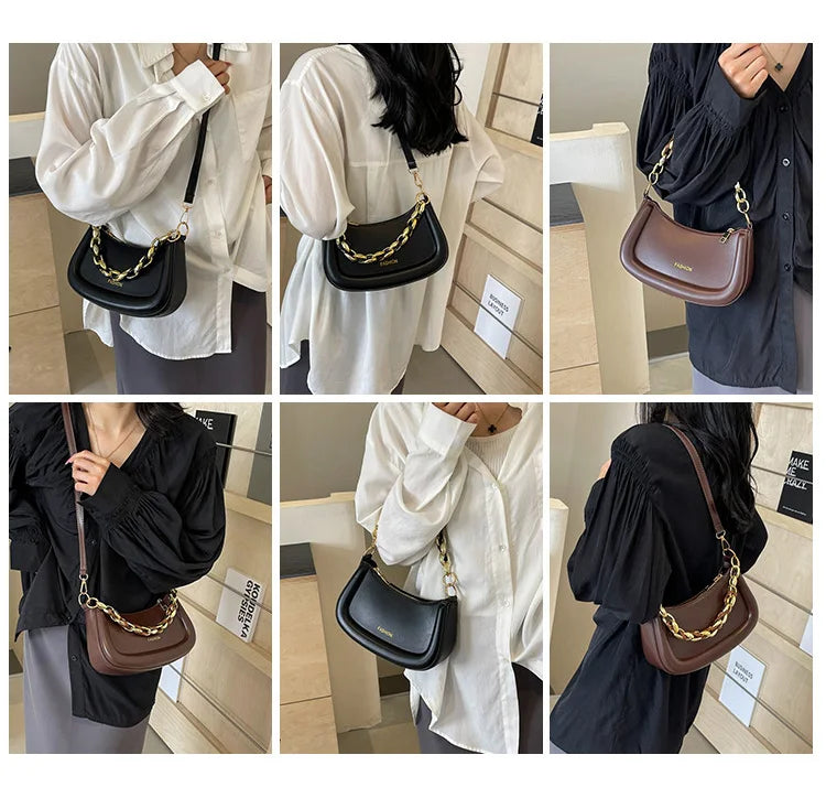 Fashion Chain Handbags Women's Crossbody Bags, Solid PU Leather Shoulder Bag For Daily Used