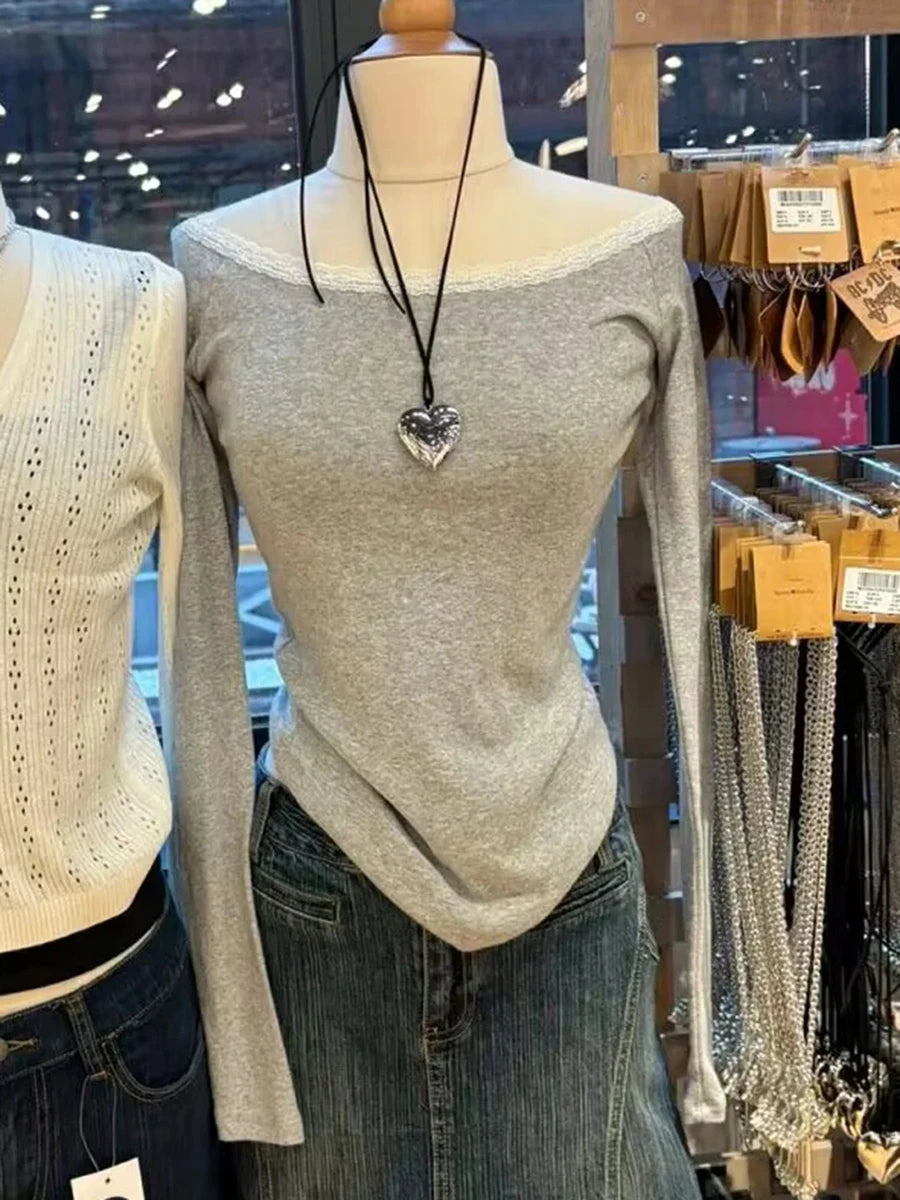 Sweet Lace Patchwork Cotton Long Sleeve Tees Women Casual Scoop Neck Slim Gray Tops Female Streetwear Vintage Y2K Chic T-shirts