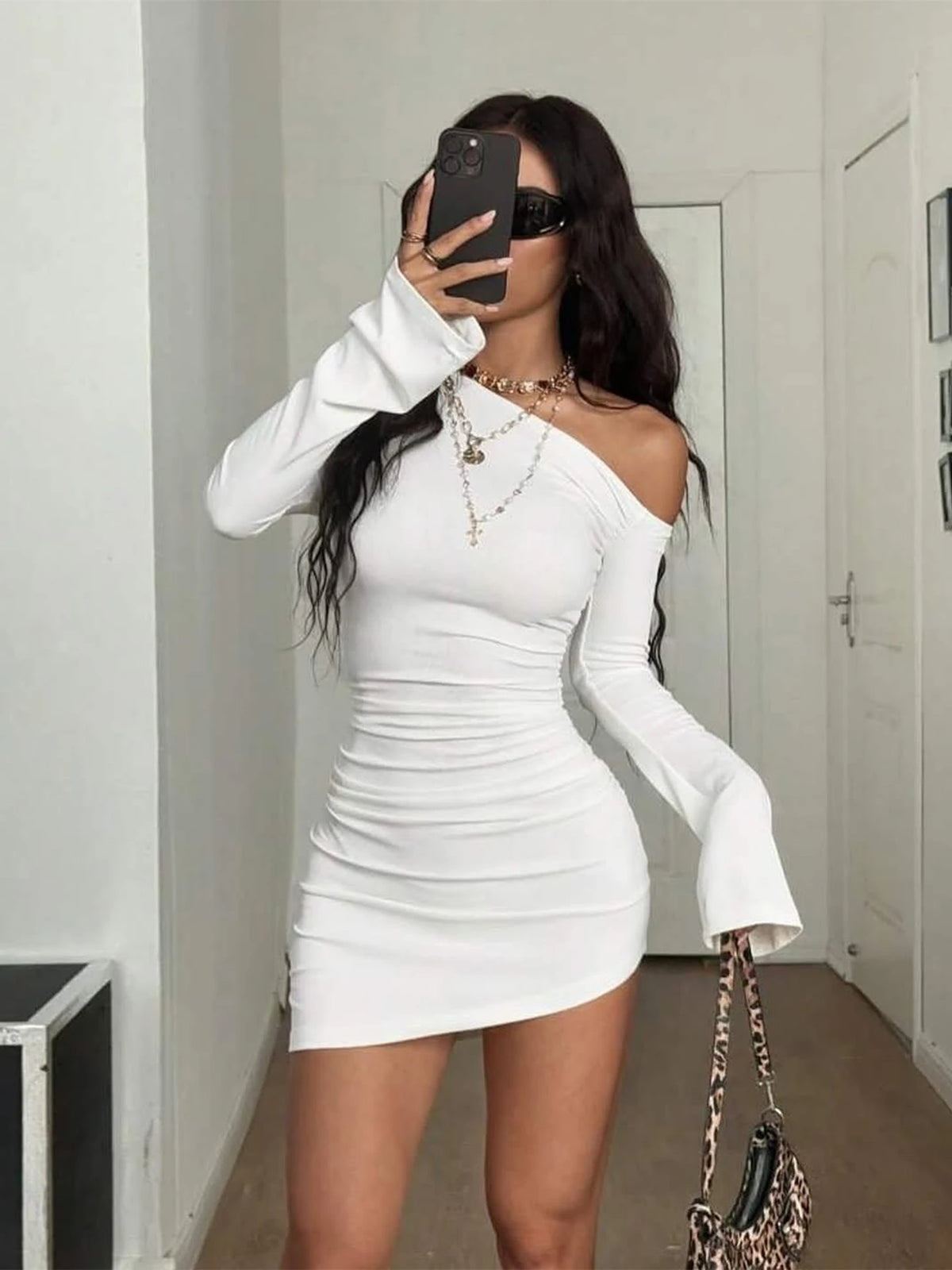 Inclined-Sleeve Ruched Mini Dress