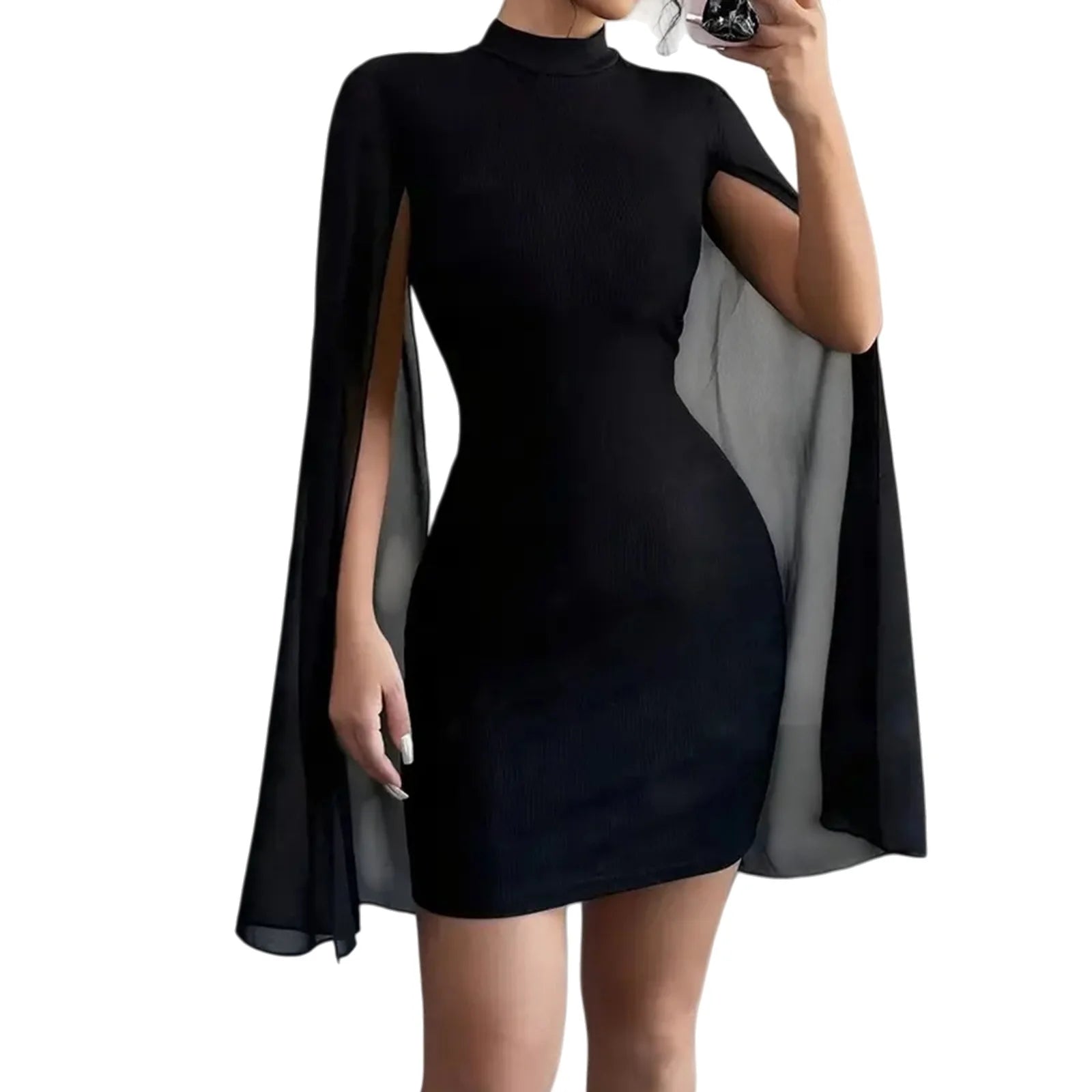 Elegant Black Party Dresses for Women Round Neck Ribbed Cape Bodycon Dress Stylish and Sexy Hip Wrap Short Dress Ladies'Clothing