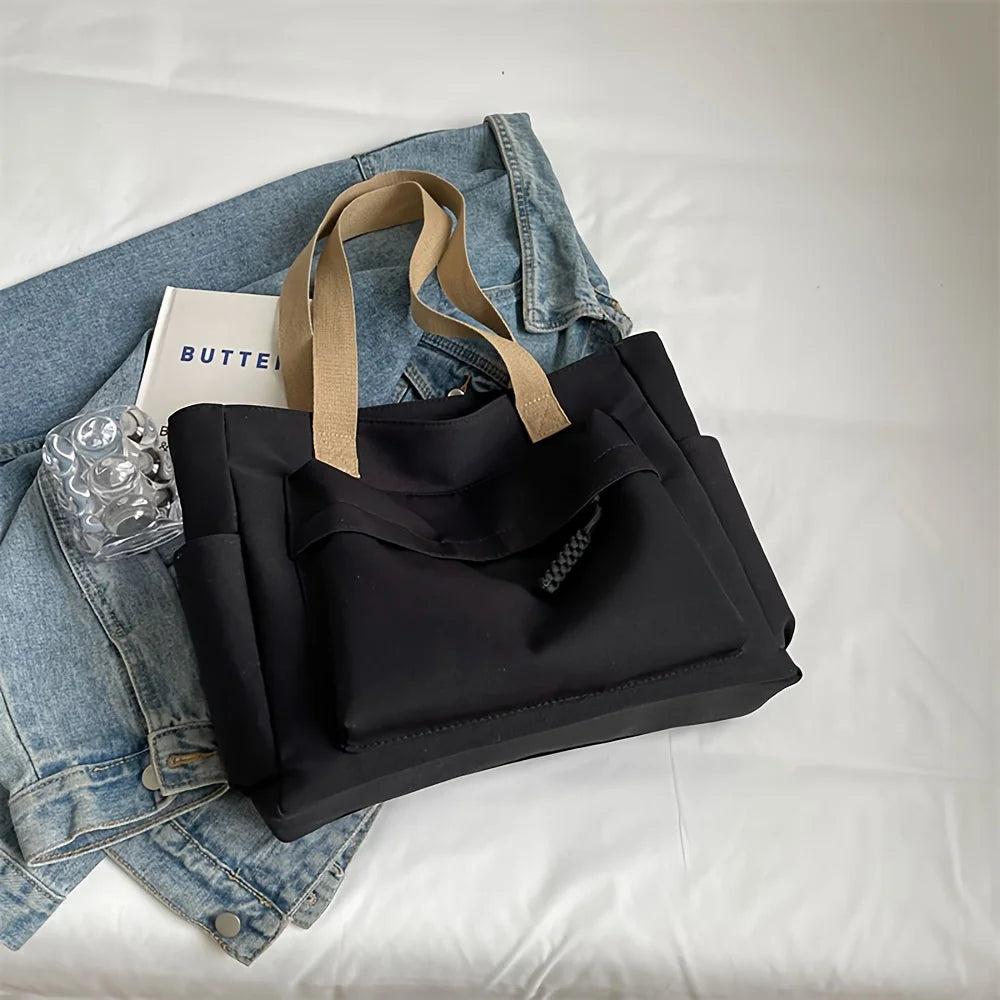 Nylon Tote Bag with Multiple Pocket Lightweight Foldable Design for Office Commute Shopping Fitness Storage Handbag Shoulder Bag