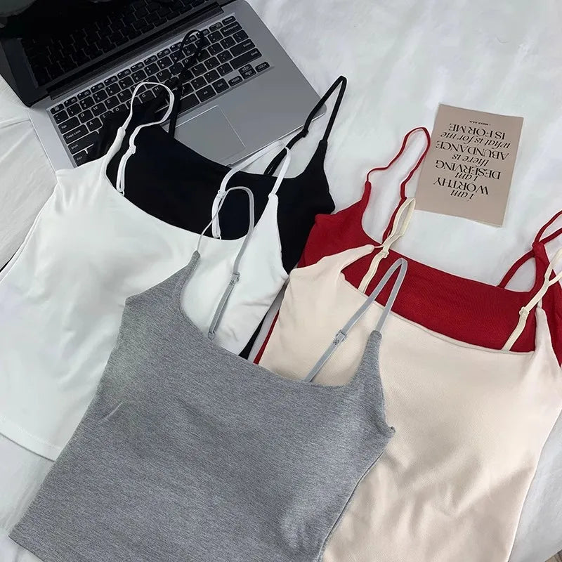 2025 Women With Built In Bra Spaghetti Strap Tanks Summer Camis Tank Casual Tops For Woman Solid Color Female Korean Style