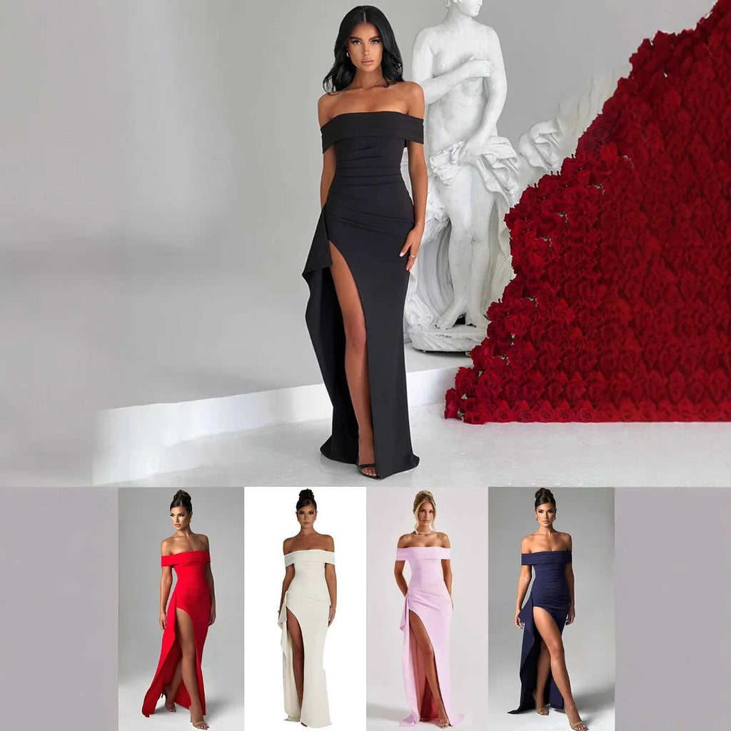 Women's Off-Shoulder Party Dress - High Slit Bodycon Gown, Sexy Elegant Evening Dress