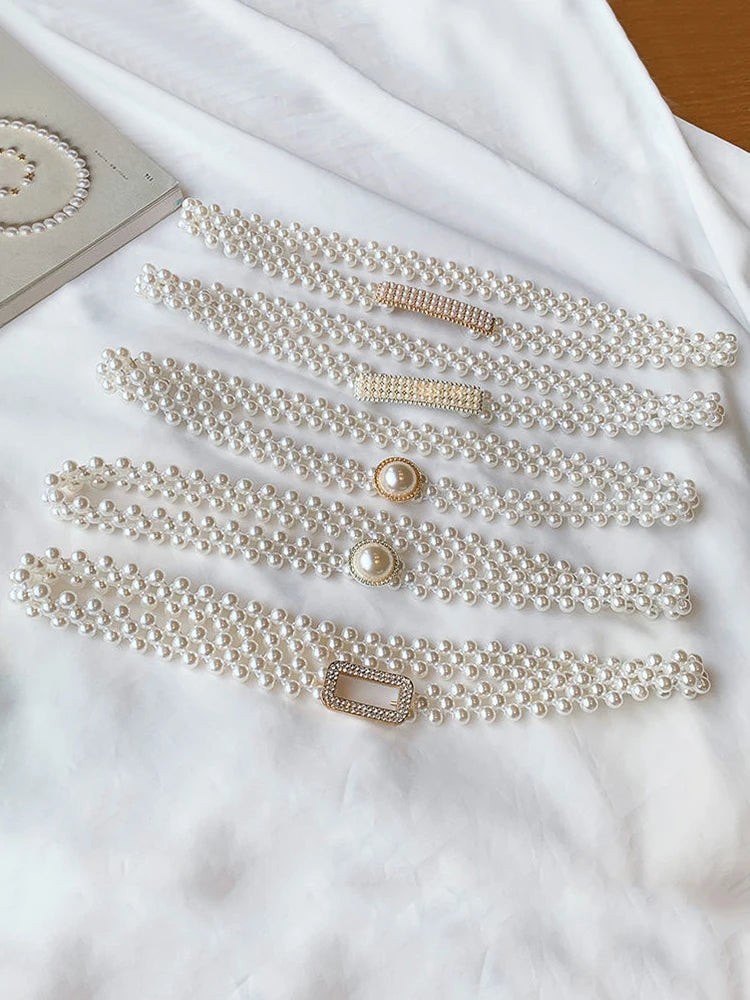 Large Pearl Waist Chain Women's Elastic Belt with Diamond Decoration All-match Skirt Fashion Casual Luxury Design Girdle Gothic