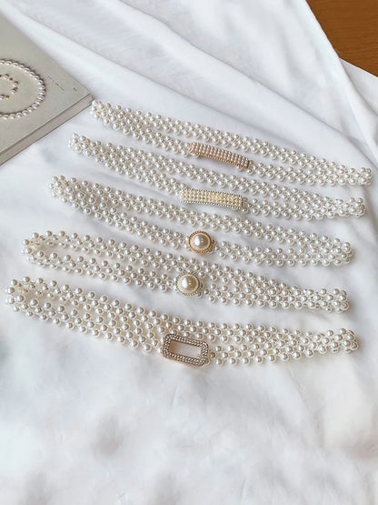 Large Pearl Waist Chain Women's Elastic Belt with Diamond Decoration All-match Skirt Fashion Casual Luxury Design Girdle Gothic