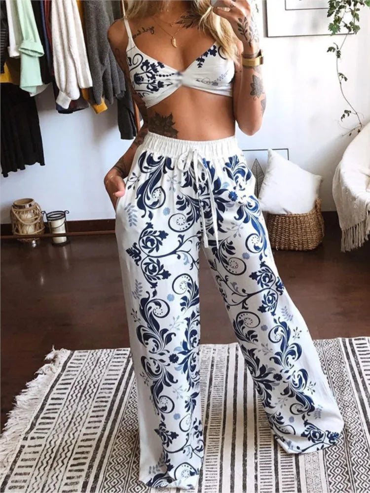 Sexy Two Piece Set Women Outfit 2025 Summer Butterfly Print V-Neck Cropped Top High Waist Drawstring Casual Wide Leg Pants Sets
