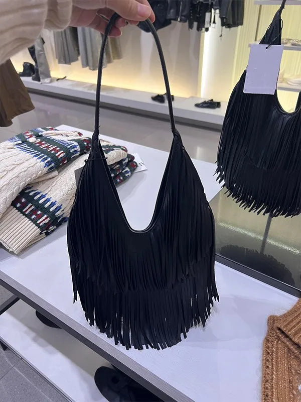Tassel Large Capacity Brand Tote Bag Black Leather High Quality Luxury Fashion Women Shoulder Bag Soft Casual Hobos Armpit Bag