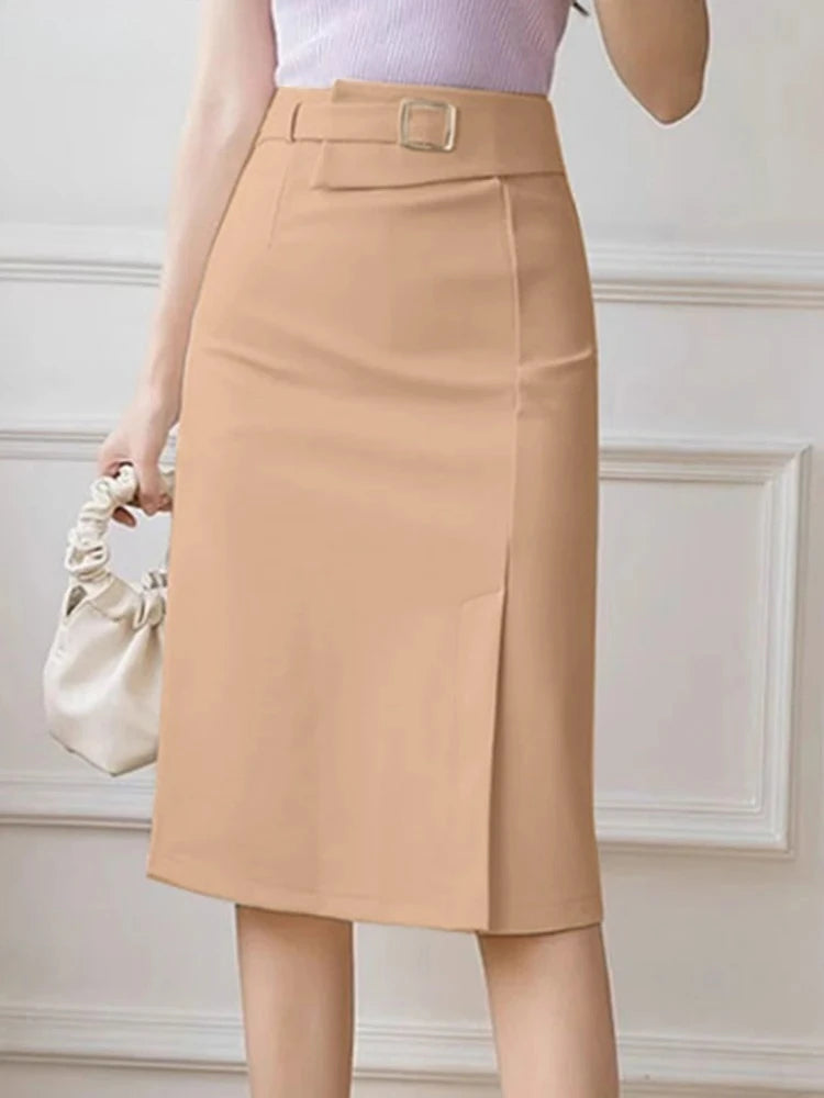 Fashion Work Slim Skirt Woman Vintage Zipper Pencil Midi Skirts Elegant OL Button Overskirts Female Autumn Solid Dresses