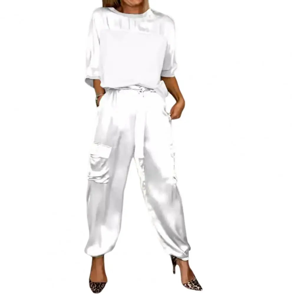 2 Pcs/Set Women Top Pants Set O Neck Satin Three Quarter Sleeves Loose Blouse Trousers Set Lace-up Waist Soft Casual Solid Color
