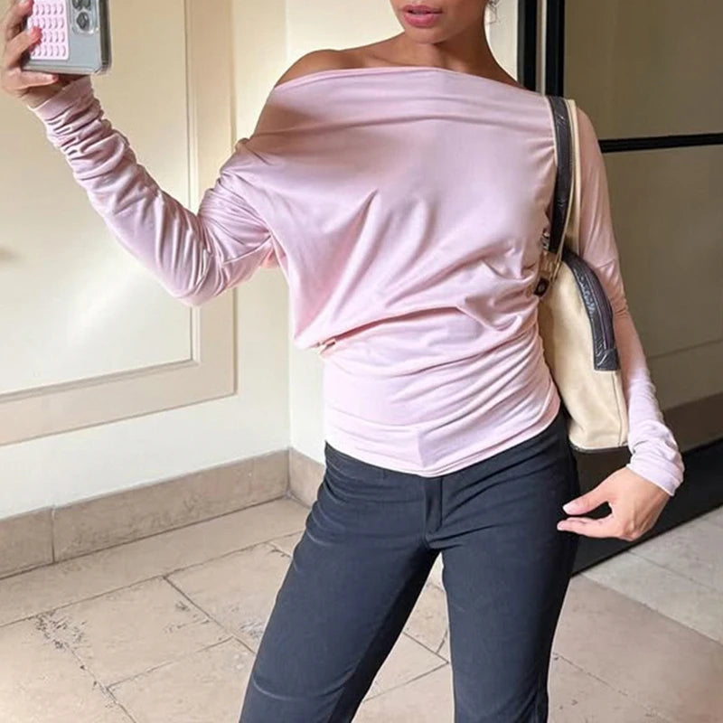 Women Loose Fit T-shirt Long Sleeve Skew Neck Solid Ladies Fall Pullovers Tops Fashion Streetwear for Casual Daily Female Tees