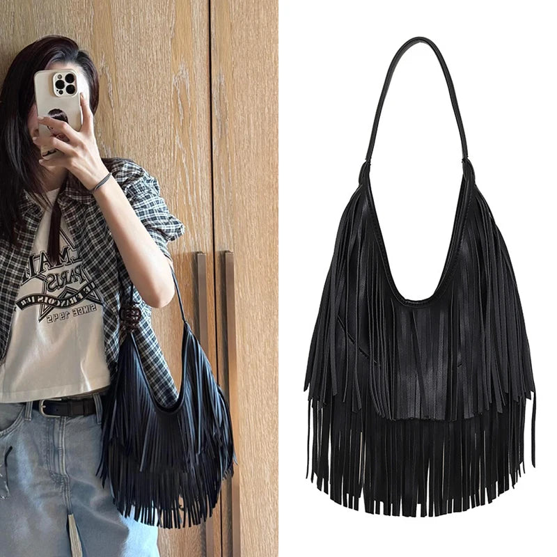 Tassel Large Capacity Brand Tote Bag Black Leather High Quality Luxury Fashion Women Shoulder Bag Soft Casual Hobos Armpit Bag