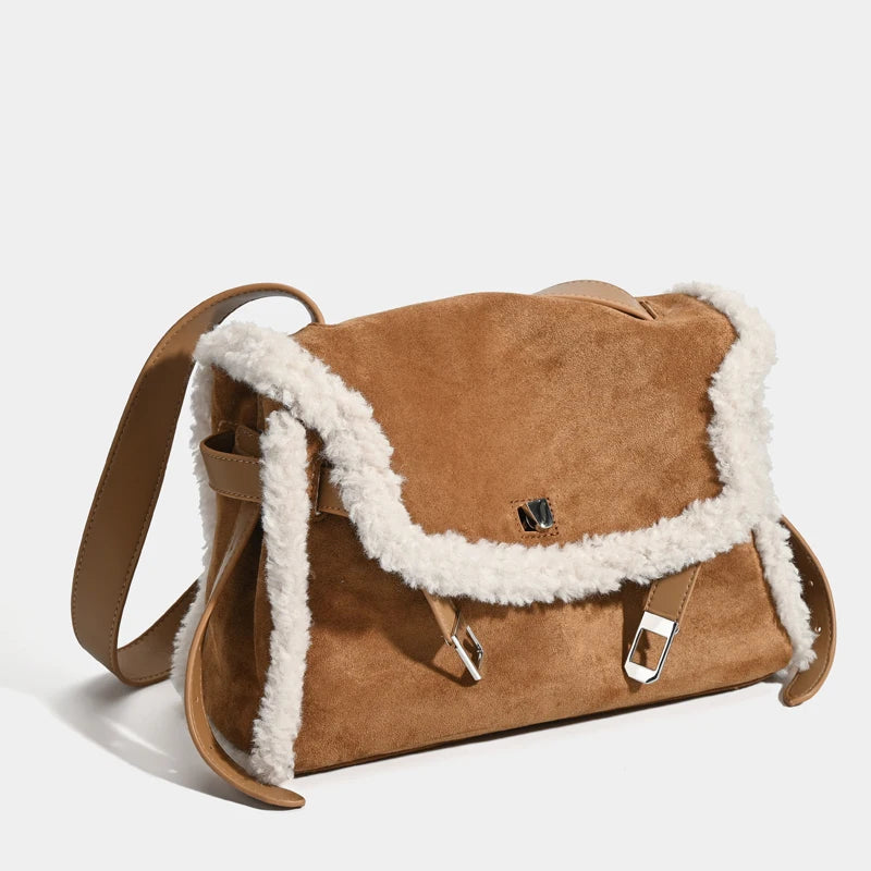 Faux Suede Bags For Women Luxury Designer Handbag Purses 2025 New In Imitation Lamb Wool Trim Lock Belt Buckle Underarm Shoulder