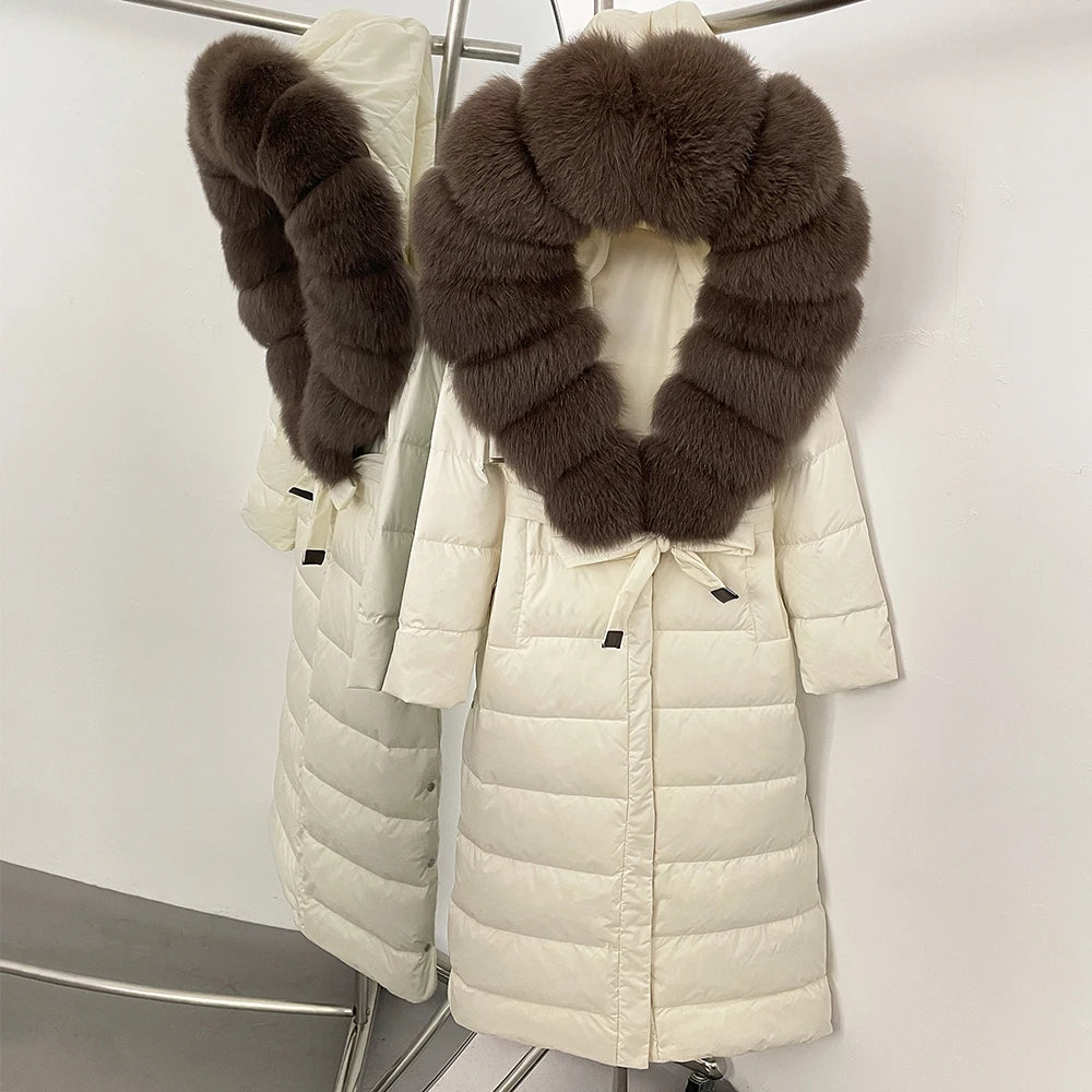 OFTBUY Large Real Fox Fur Collar X-Long Puffer Jacket Women Hooded Winter White Duck Down Coat Thick Female Parkas With Belt