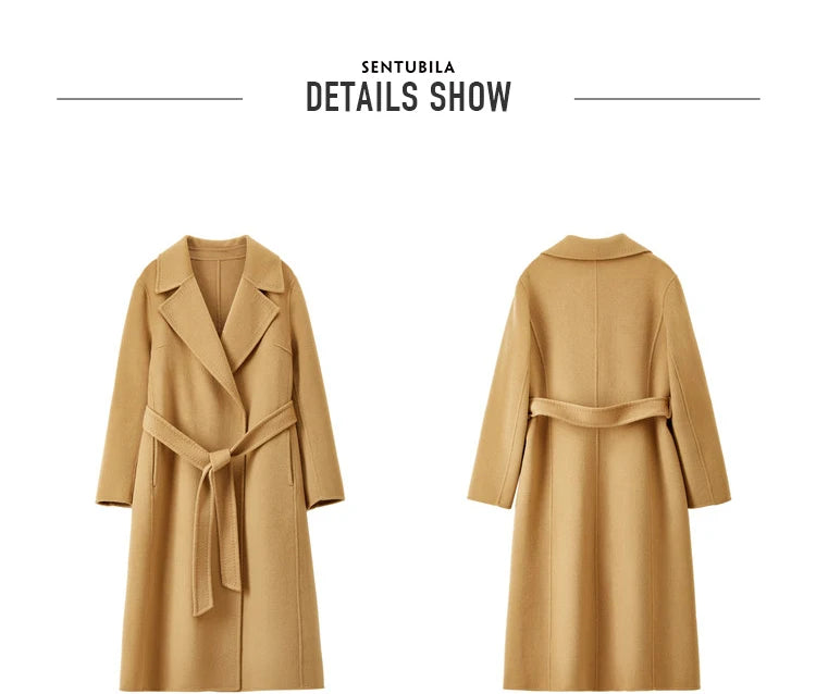 SENTUBILA Women 100% Wool Long Wrap Coat 2025 Elegant Notched Collar Belted Warm Double Faced Woolen Winter Overcoat W24O43352